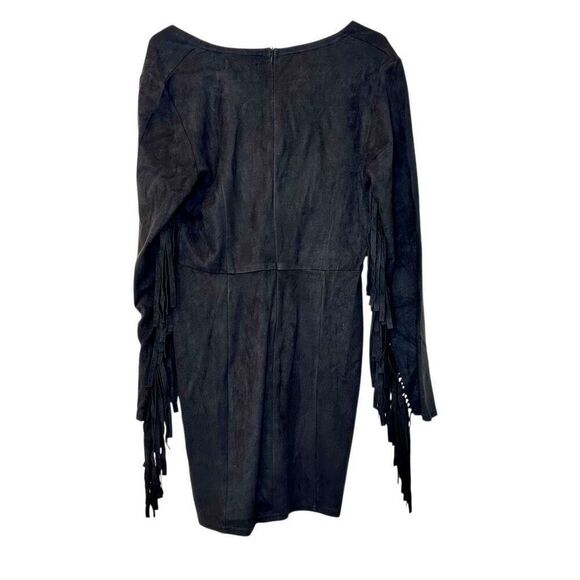Missguided Microsuede V-Neck Fringe Long Sleeve Mini Sheath Dress Black Size 14 - Picture 2 of 5